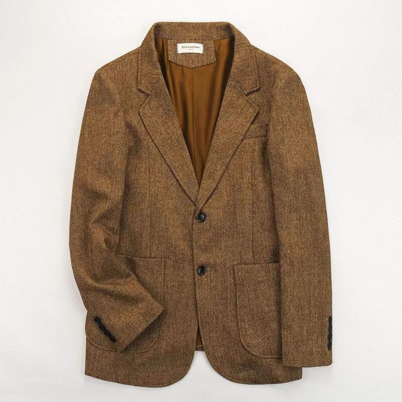 Férfi öltöny, barna férfi dzseki, sötétszürke halszálkás gyapjú, tweed hajtóka gallér, egysoros, hivatalos üzleti dzseki esküvőre