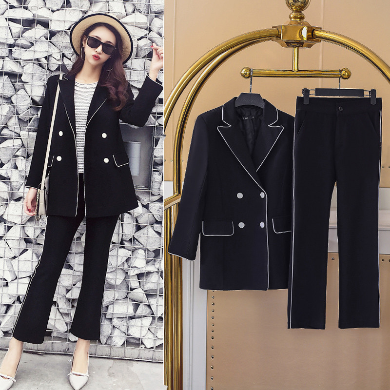 2022-es kiváló minőségű temperamentum fekete nadrágkosztümök, nőies, hétköznapi, kétsoros, elegáns női blézer, kétrészes divatos nadrág