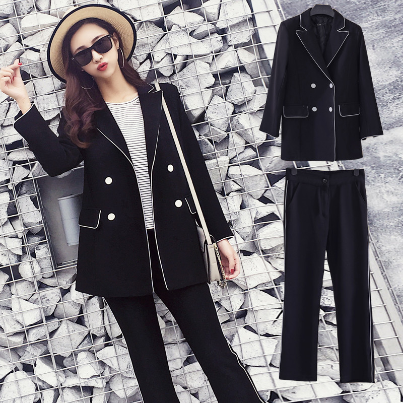 2022-es kiváló minőségű temperamentum fekete nadrágkosztümök, nőies, hétköznapi, kétsoros, elegáns női blézer, kétrészes divatos nadrág