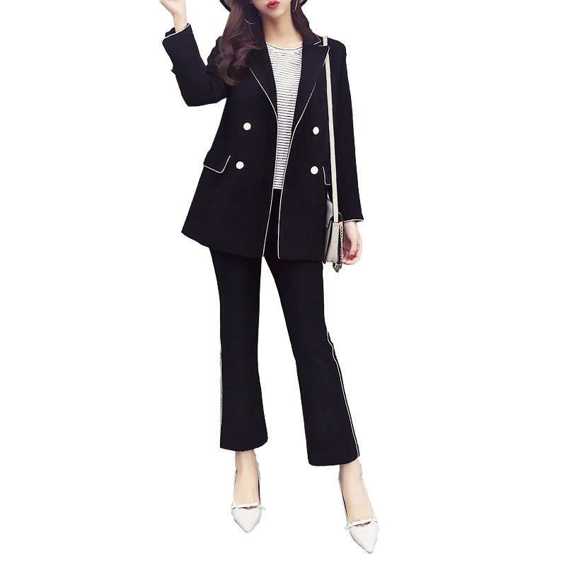 2022-es kiváló minőségű temperamentum fekete nadrágkosztümök, nőies, hétköznapi, kétsoros, elegáns női blézer, kétrészes divatos nadrág