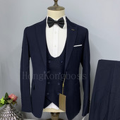 3 db szett öltöny blézer mellény nadrág / 2022 divat új férfi alkalmi butik üzleti kockás duplasoros mellény ruhakabát