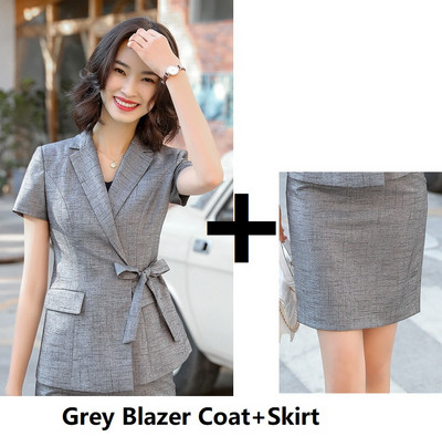 Újdonság szürke formális professzionális női üzleti öltönyök nadrággal és kabáttal Kabát női nadrágkosztümök nyári rövid ujjú blézerek