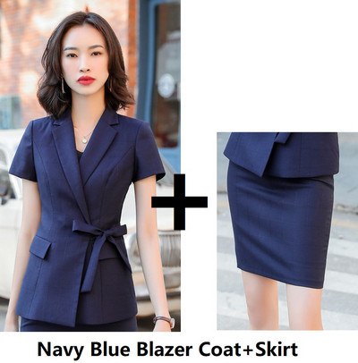 Újdonság szürke formális professzionális női üzleti öltönyök nadrággal és kabáttal Kabát női nadrágkosztümök nyári rövid ujjú blézerek