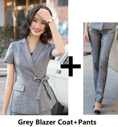 Újdonság szürke formális professzionális női üzleti öltönyök nadrággal és kabáttal Kabát női nadrágkosztümök nyári rövid ujjú blézerek