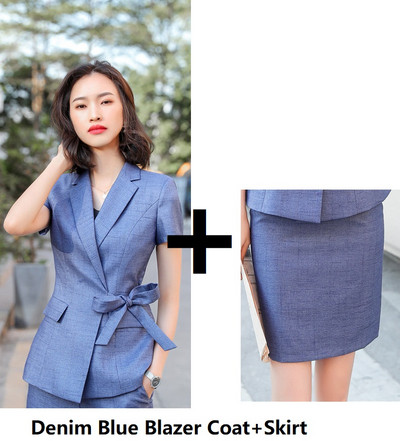 Újdonság szürke formális professzionális női üzleti öltönyök nadrággal és kabáttal Kabát női nadrágkosztümök nyári rövid ujjú blézerek