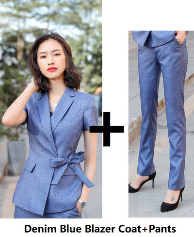 Újdonság szürke formális professzionális női üzleti öltönyök nadrággal és kabáttal Kabát női nadrágkosztümök nyári rövid ujjú blézerek