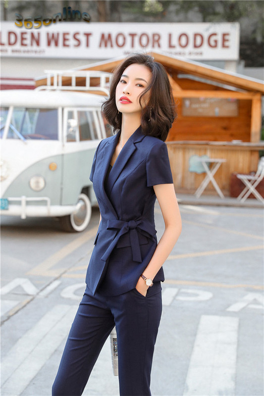 Újdonság szürke formális professzionális női üzleti öltönyök nadrággal és kabáttal Kabát női nadrágkosztümök nyári rövid ujjú blézerek