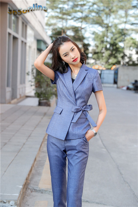 Újdonság szürke formális professzionális női üzleti öltönyök nadrággal és kabáttal Kabát női nadrágkosztümök nyári rövid ujjú blézerek