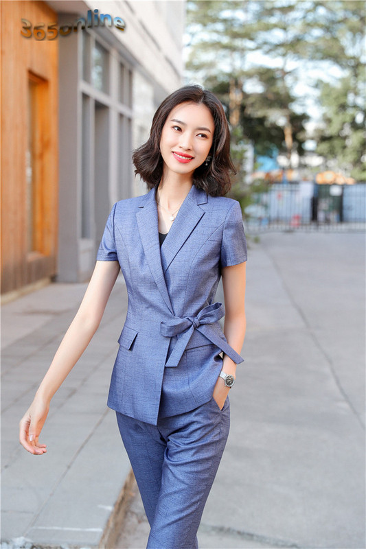Újdonság szürke formális professzionális női üzleti öltönyök nadrággal és kabáttal Kabát női nadrágkosztümök nyári rövid ujjú blézerek