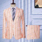 2023 új hivatalos férfi fehér vászon öltönyök rózsaszín és narancssárga csíkos esküvői vőlegény szmoking üzleti legjobb báli 2 db készlet kabát nadrág