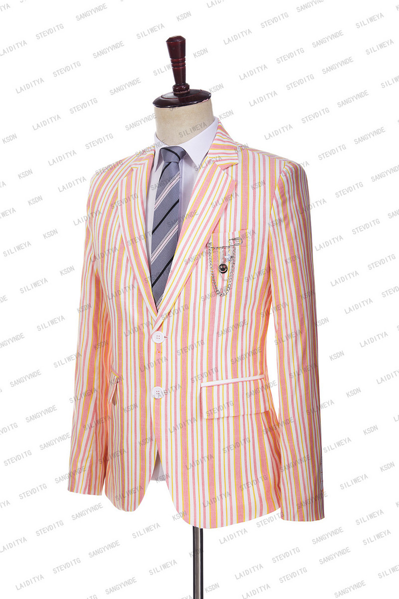 2023 új hivatalos férfi fehér vászon öltönyök rózsaszín és narancssárga csíkos esküvői vőlegény szmoking üzleti legjobb báli 2 db készlet kabát nadrág