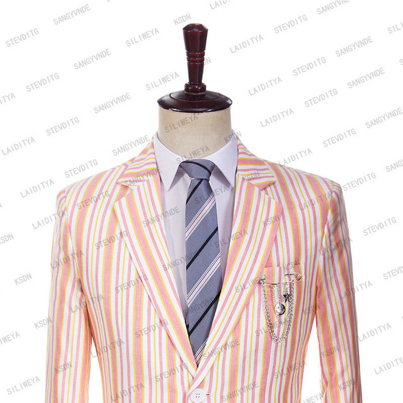 2023 új hivatalos férfi fehér vászon öltönyök rózsaszín és narancssárga csíkos esküvői vőlegény szmoking üzleti legjobb báli 2 db készlet kabát nadrág