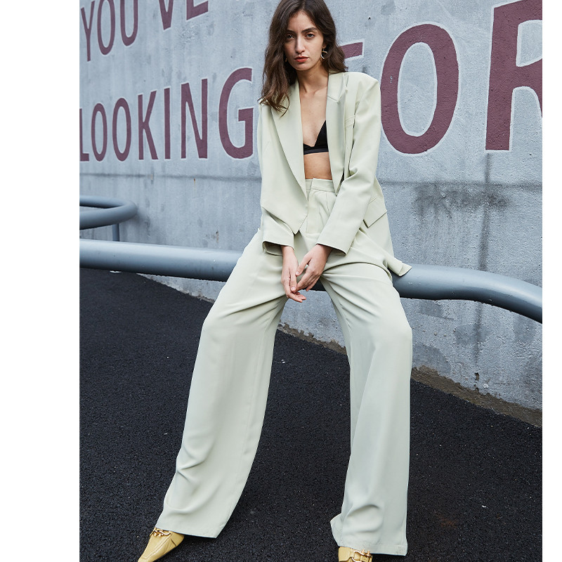 AEL női nadrágkosztüm nyári világoszöld blézer rövid dzseki és széles szárú nadrág 2020 irodai női nadrág öltönyök női szettek