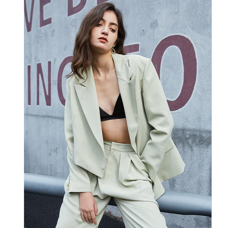 AEL női nadrágkosztüm nyári világoszöld blézer rövid dzseki és széles szárú nadrág 2020 irodai női nadrág öltönyök női szettek