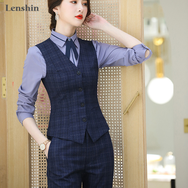 Lenshin 2 részes szett öltöny formális kockás nadrág öltöny mellény női ujjatlan blézer irodai női üzleti ruha