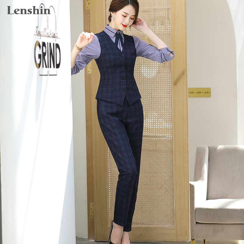 Lenshin 2 részes szett öltöny formális kockás nadrág öltöny mellény női ujjatlan blézer irodai női üzleti ruha