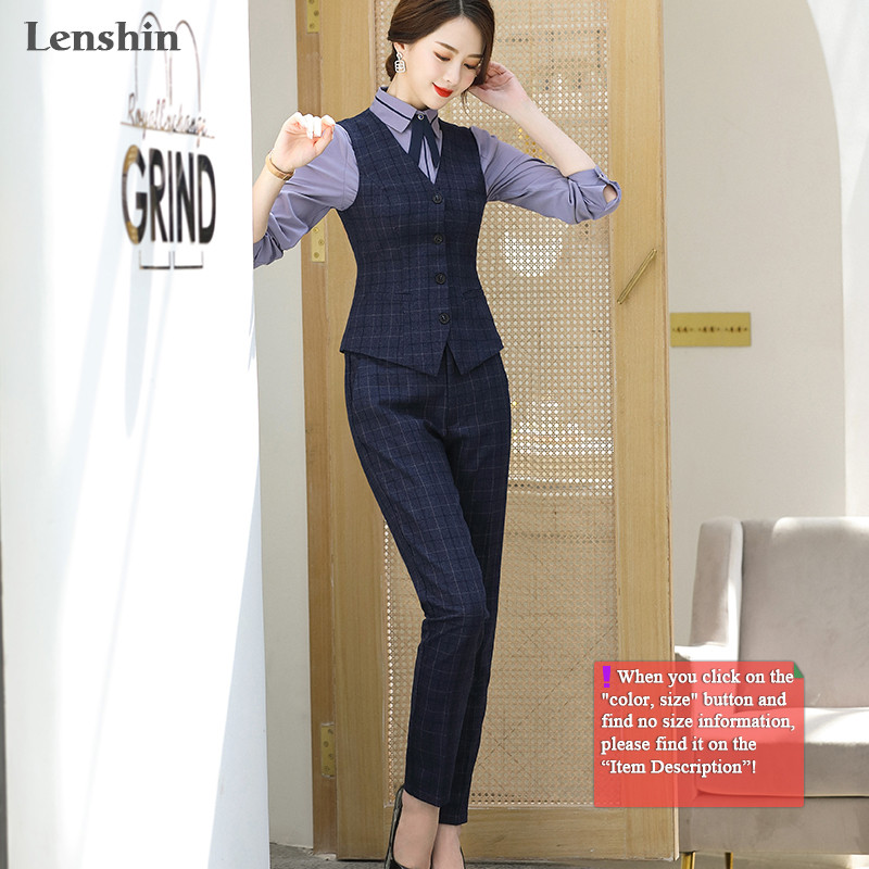 Lenshin 2 részes szett öltöny formális kockás nadrág öltöny mellény női ujjatlan blézer irodai női üzleti ruha