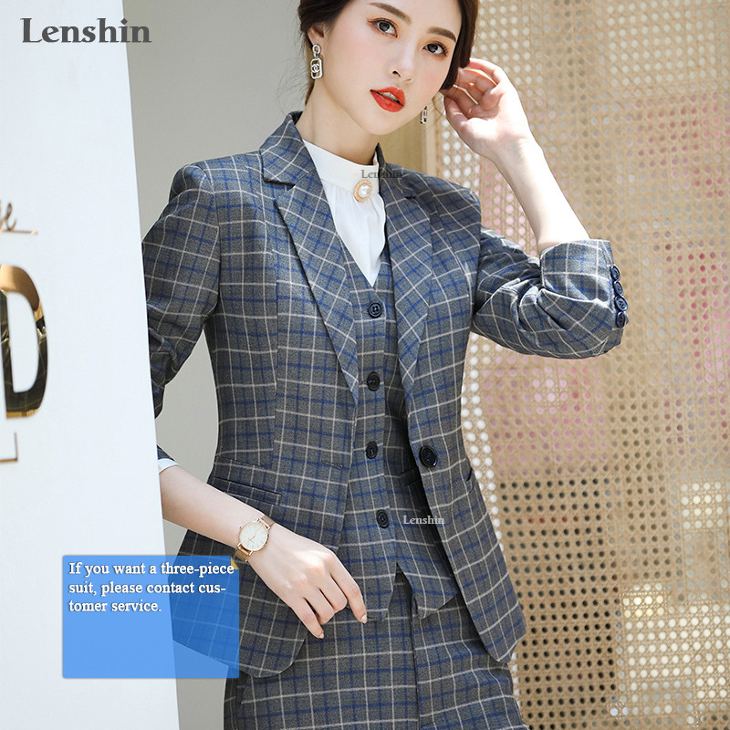 Lenshin 2 részes szett öltöny formális kockás nadrág öltöny mellény női ujjatlan blézer irodai női üzleti ruha