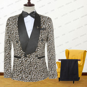 2023-as új férfi alkalmi butik üzleti fekete szatén kendő hajtóka öltönyök férfi leopárdmintás blézer dzseki nadrág 2 részes készlet