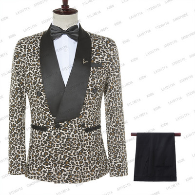 2023-as új férfi alkalmi butik üzleti fekete szatén kendő hajtóka öltönyök férfi leopárdmintás blézer dzseki nadrág 2 részes készlet