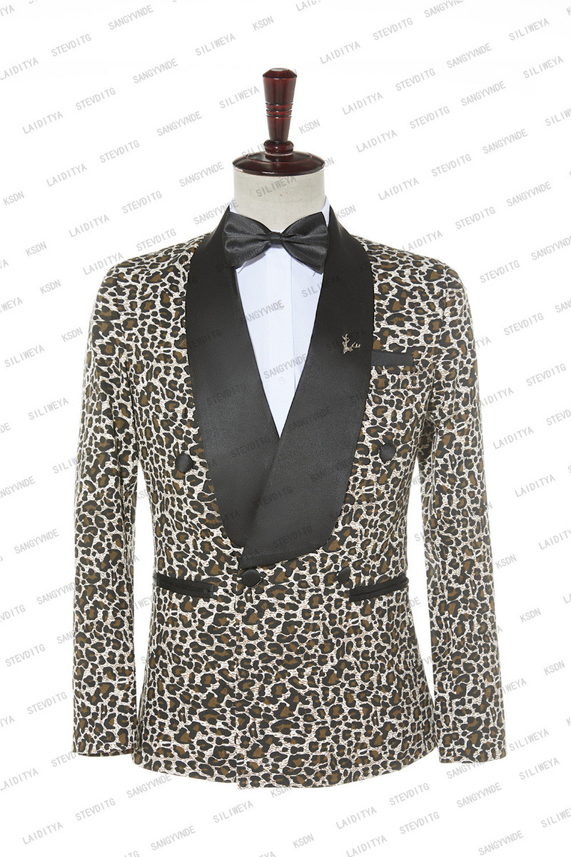 2023-as új férfi alkalmi butik üzleti fekete szatén kendő hajtóka öltönyök férfi leopárdmintás blézer dzseki nadrág 2 részes készlet