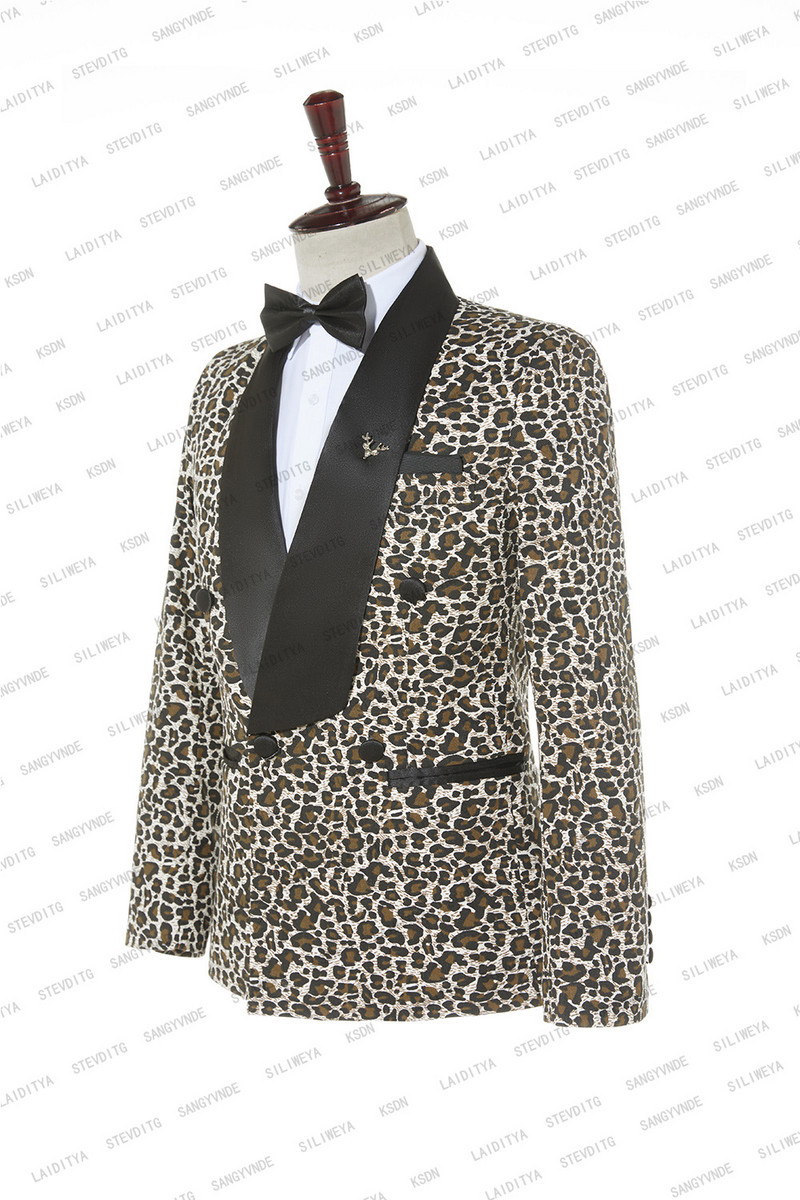 2023-as új férfi alkalmi butik üzleti fekete szatén kendő hajtóka öltönyök férfi leopárdmintás blézer dzseki nadrág 2 részes készlet