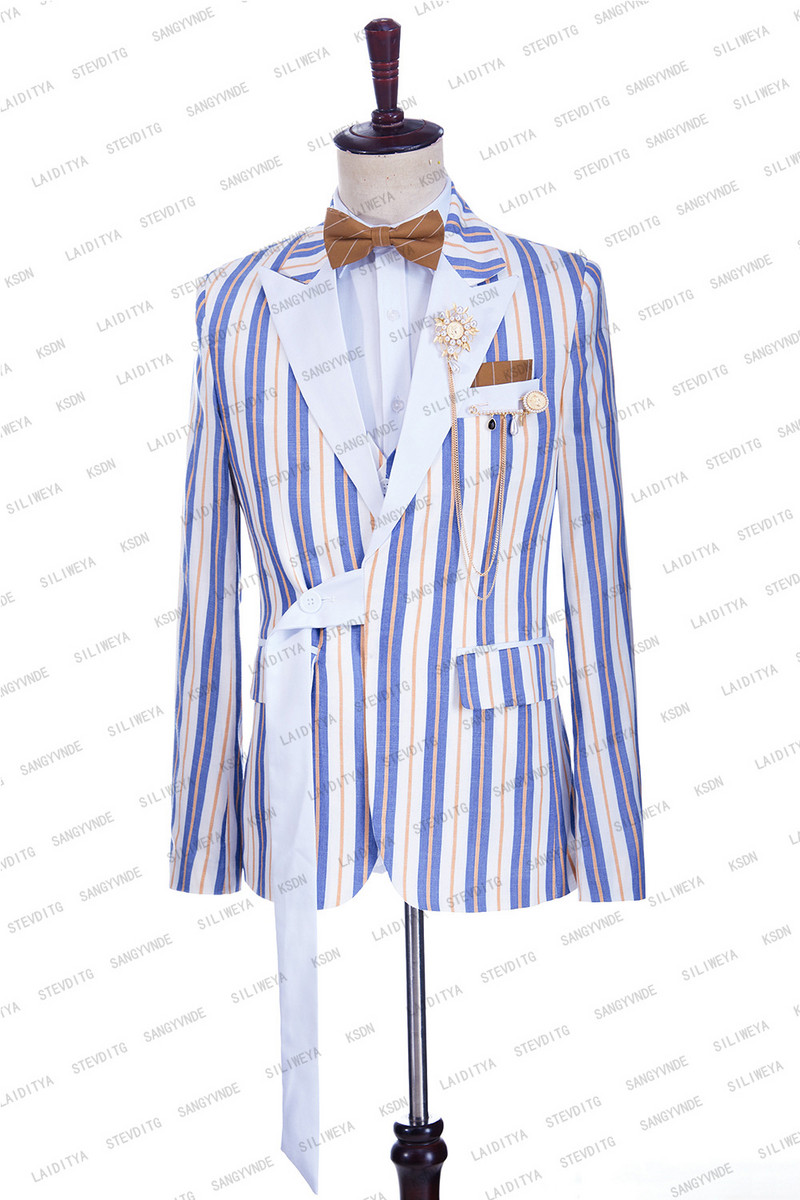 2023-as új alkalmi férfi vászonvédő öltönyök kék narancssárga csíkos vőlegény szmoking tengerpart egyedi esküvői jelmez Homme 2 db szett kabát nadrág