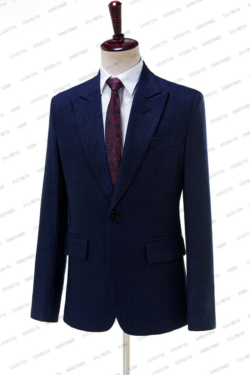 2023-as új érkezés, sötétkék farmer csíkos szmoking öltöny férfiaknak esküvői karcsú szabású úri dzsekik nadrággal 2 részes férfi jelmez