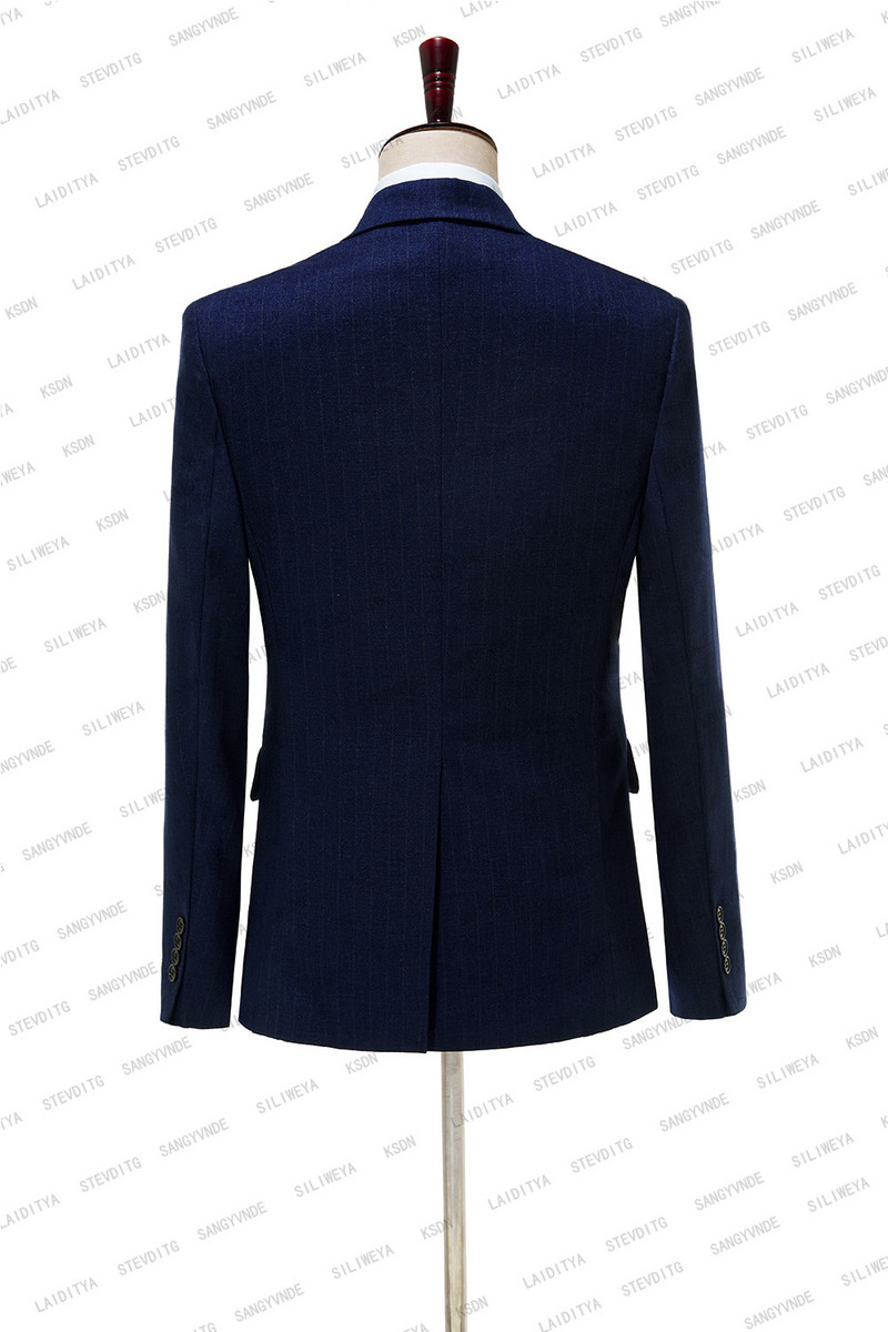 2023-as új érkezés, sötétkék farmer csíkos szmoking öltöny férfiaknak esküvői karcsú szabású úri dzsekik nadrággal 2 részes férfi jelmez