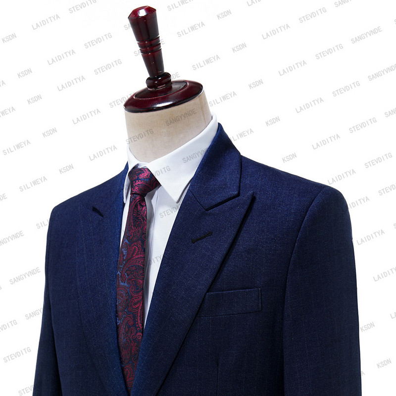 2023-as új érkezés, sötétkék farmer csíkos szmoking öltöny férfiaknak esküvői karcsú szabású úri dzsekik nadrággal 2 részes férfi jelmez