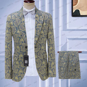 2023 kék, sárga nyomtatott férfi öltöny 2 db kabát nadrág szett Esküvői vőlegény egygombos szmoking csúcs hajtóka üzleti blézer Masculino