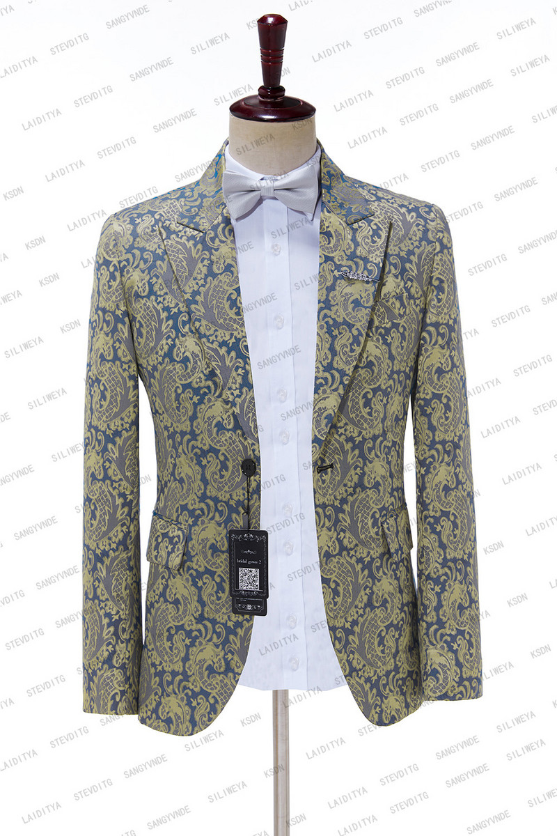 2023 kék, sárga nyomtatott férfi öltöny 2 db kabát nadrág szett Esküvői vőlegény egygombos szmoking csúcs hajtóka üzleti blézer Masculino