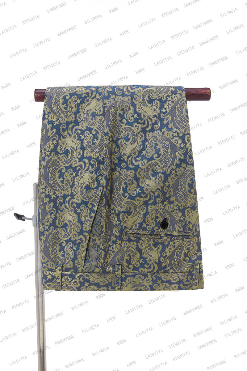 2023 kék, sárga nyomtatott férfi öltöny 2 db kabát nadrág szett Esküvői vőlegény egygombos szmoking csúcs hajtóka üzleti blézer Masculino