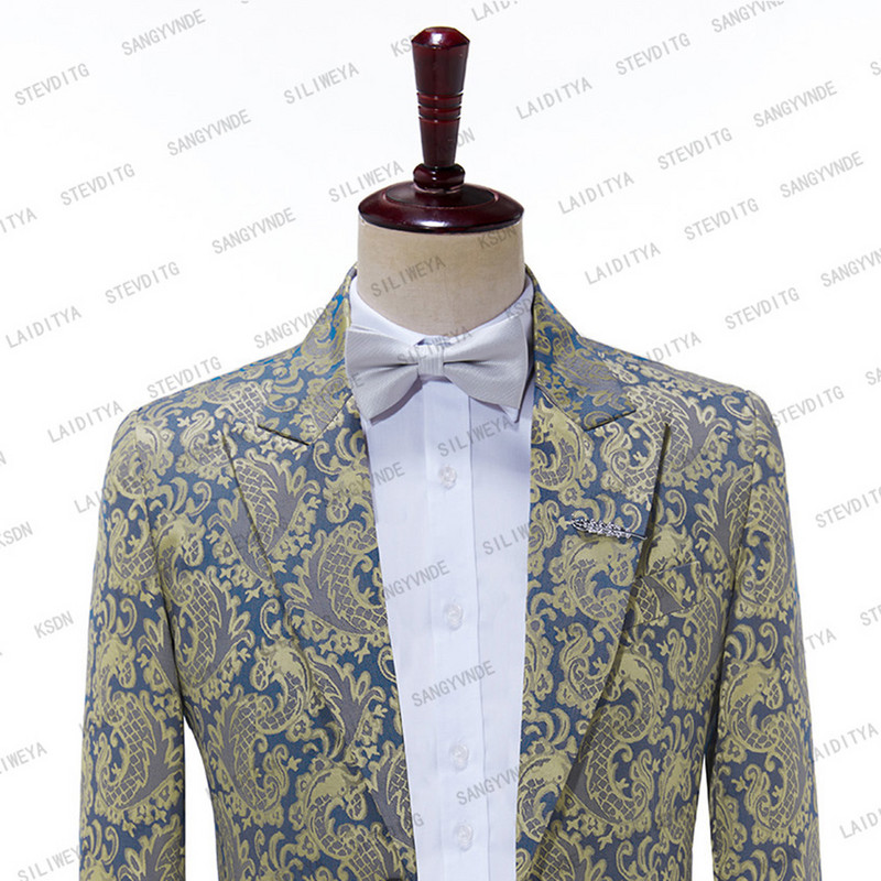 2023 kék, sárga nyomtatott férfi öltöny 2 db kabát nadrág szett Esküvői vőlegény egygombos szmoking csúcs hajtóka üzleti blézer Masculino