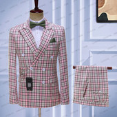 2023-as újdonság, rózsaszín, fehér kockás férfi öltönyök, kétsoros, legújabb dizájn Vőlegény esküvői szmokingok, 2 db.