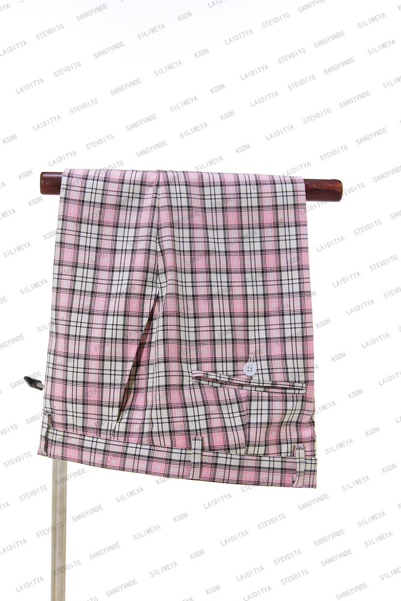 2023-as újdonság, rózsaszín, fehér kockás férfi öltönyök, kétsoros, legújabb dizájn Vőlegény esküvői szmokingok, 2 db.