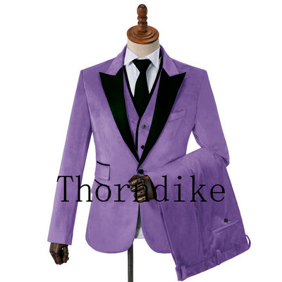 Egygombos karcsúsított férfi öltönyök világoslila bársony báli színpadi esküvői szmokingok 2021 őszi 3 részes férfi öltöny kabát mellény nadrág