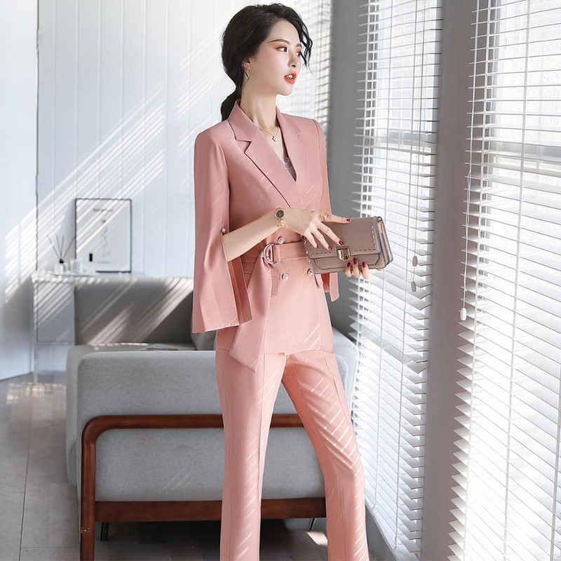 2020-as új rózsaszín, fehér fekete női nadrágkosztüm, kétrészes szett, S-4XL méret, háromnegyed ujjú blézerkabát nadrágszettel lányoknak