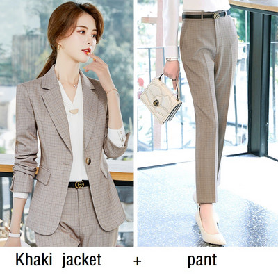 Női öltöny tavaszi Hosszú ujjú kockás blézer nadrág Office Lady Formális Munkaruházat női nadrág öltöny női öltöny szett 19921