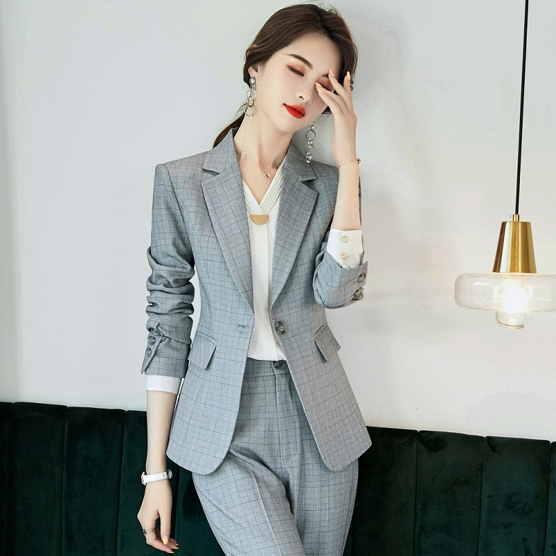 Női öltöny tavaszi Hosszú ujjú kockás blézer nadrág Office Lady Formális Munkaruházat női nadrág öltöny női öltöny szett 19921