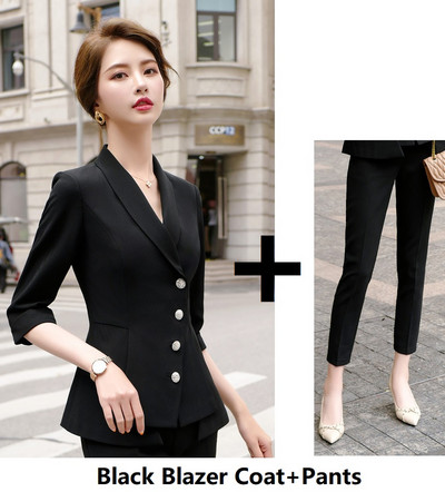 Női irodai professzionális üzleti blézer öltönyök 2 részes készlettel, ceruzanadrággal és kabáttal kabát tavaszi nyár fél ujjú szett