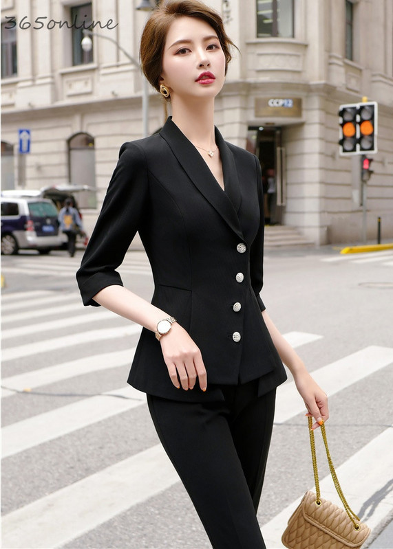 Női irodai professzionális üzleti blézer öltönyök 2 részes készlettel, ceruzanadrággal és kabáttal kabát tavaszi nyár fél ujjú szett