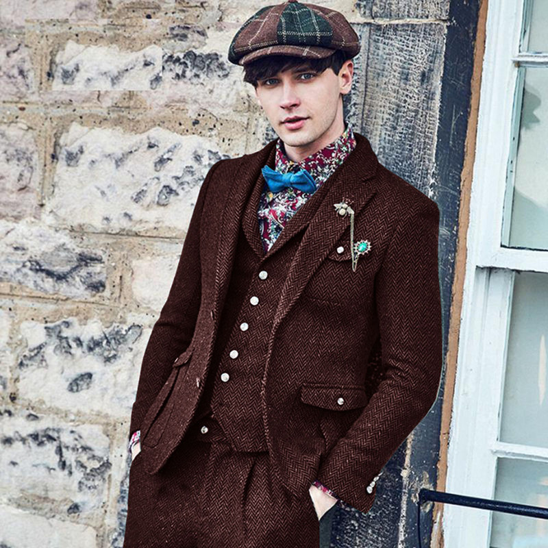 Vyriškas retro silkės rašto kostiumas iš vilnos 3 dalių kostiumas su dviem sagomis britiškas laisvalaikio kostiumas smokingas ir švarkas