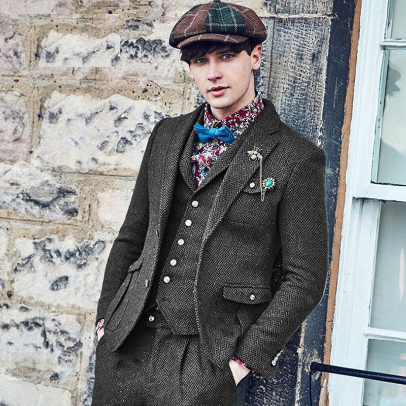 Vyriškas retro silkės rašto kostiumas iš vilnos 3 dalių kostiumas su dviem sagomis britiškas laisvalaikio kostiumas smokingas ir švarkas