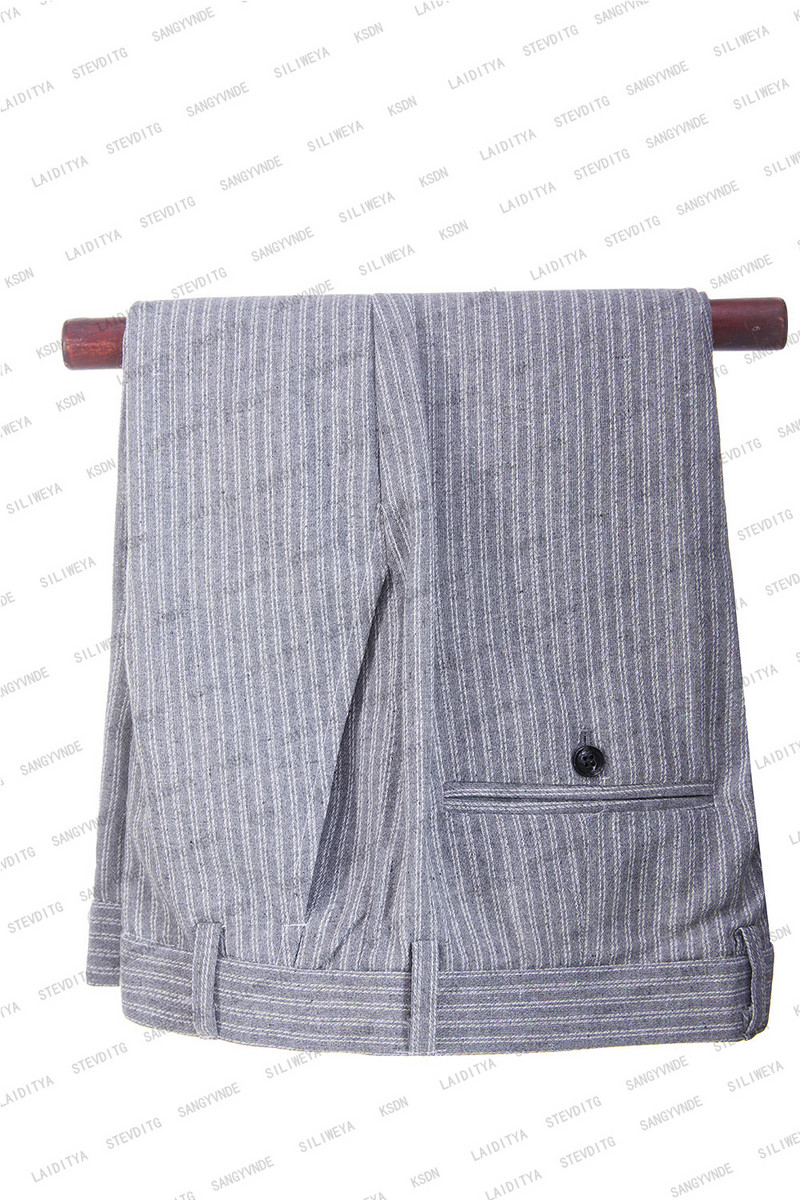 2023-as divat új férfi nyári alkalmi lenvászon öltönyök szürke fehér függőleges csíkos üzleti ruha esküvői vőlegény 2 db szett kabát nadrág