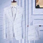 2023 új divat férfi öltöny nyári jelmez Homme világoskék fehér klasszikus kockás vászon szmoking vőlegény esküvői 2 db szett kabát nadrág