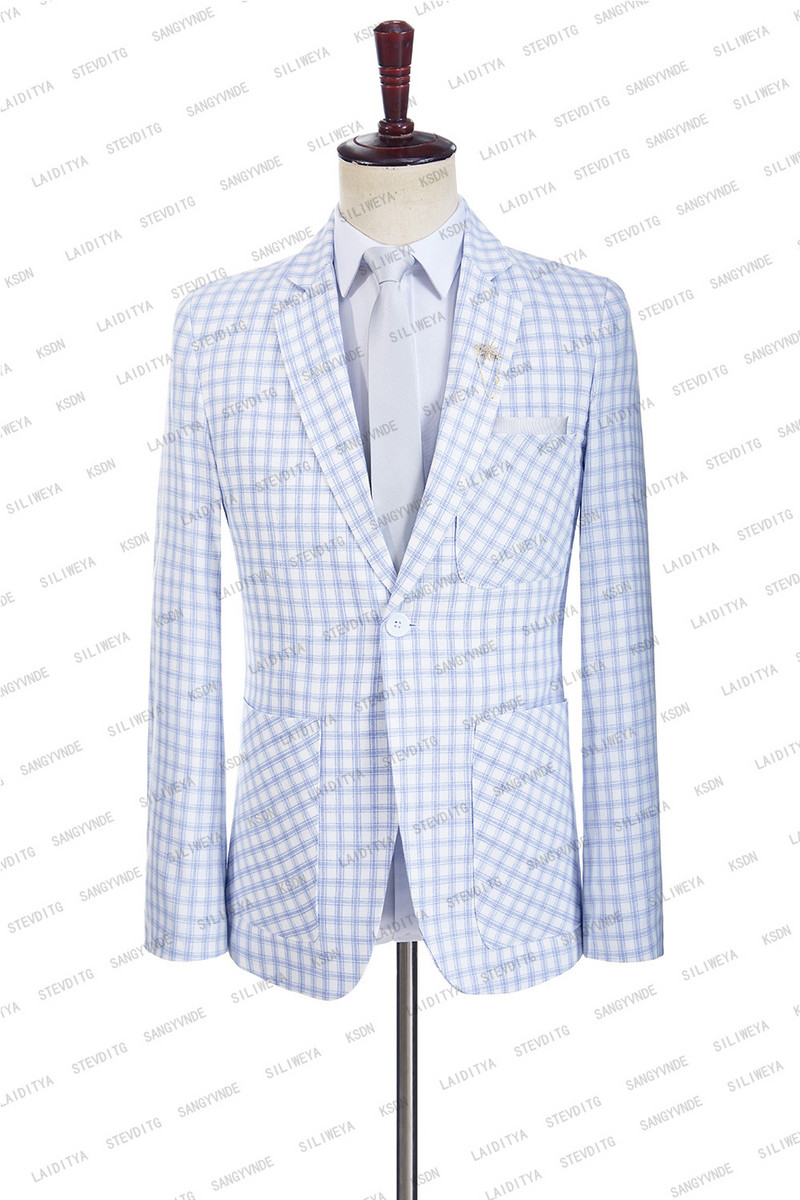 2023 új divat férfi öltöny nyári jelmez Homme világoskék fehér klasszikus kockás vászon szmoking vőlegény esküvői 2 db szett kabát nadrág