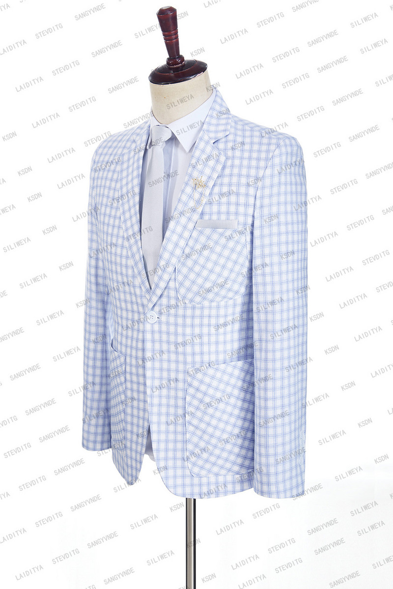 2023 új divat férfi öltöny nyári jelmez Homme világoskék fehér klasszikus kockás vászon szmoking vőlegény esküvői 2 db szett kabát nadrág