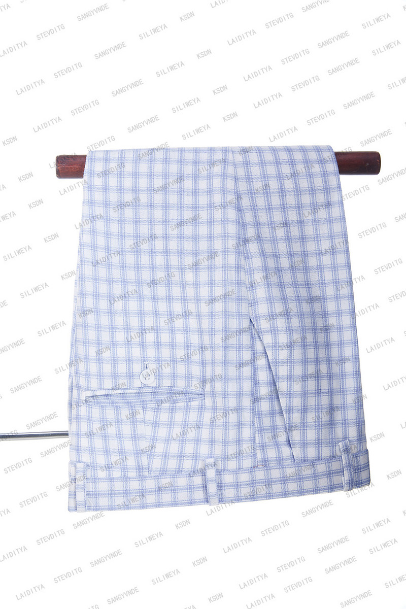 2023 új divat férfi öltöny nyári jelmez Homme világoskék fehér klasszikus kockás vászon szmoking vőlegény esküvői 2 db szett kabát nadrág