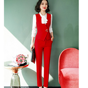 Elegáns női nadrágkosztüm, piros, vékony, ujjatlan mellény blézer és nadrág, kétrészes irodai női munkaruházathoz